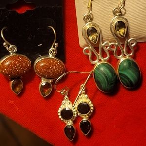 3 pair sterling silver earrings Brown Goldstone green turquoise and garnet